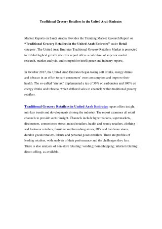United Arab Emirates Traditional Grocery Retailers Market: Industry Trends, Opportunity and Forecast Till 2023