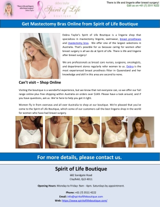 Get Mastectomy Bras Online from Spirit of Life Boutique