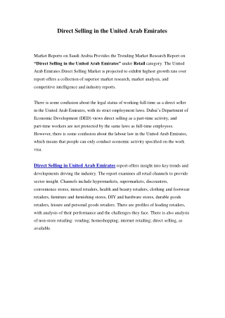 United Arab Emirates Direct Selling Market: Growth, Opportunity and Forecast Till 2023