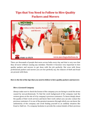 Tips that You Need to Follow to Hire Quality Packers and Movers
