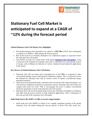Stationary Fuel Cell Market is anticipated to expand at a CAGR of ~12% during the forecast period
