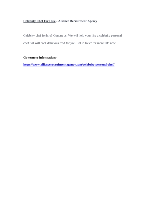 Celebrity Chef For Hire - Alliance Recruitment Agency