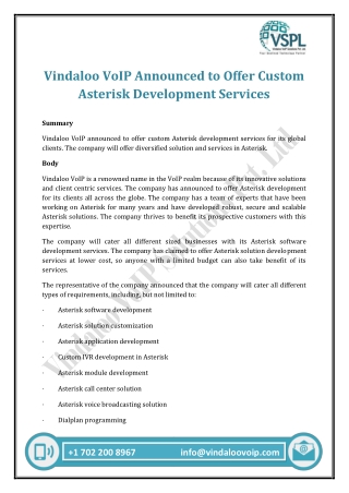 Vindaloo VoIP Announced to Offer Custom Asterisk Development Services