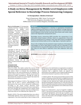 A Study on Stress Management by Middle Level Employees with Special Reference to Knowledge Process Outsourcing Company