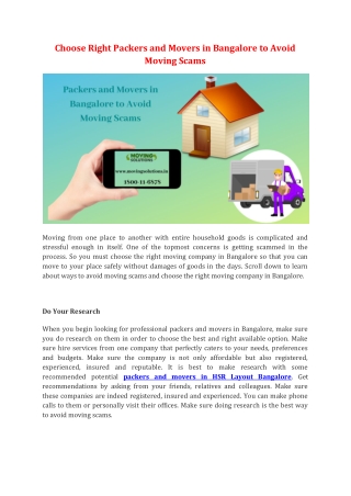 Choose Right Packers and Movers in Bangalore to Avoid Moving Scams