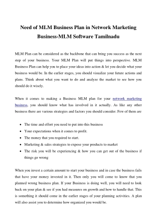 Need of MLM Business Plan in Network Marketing Business-MLM Software Tamilnadu