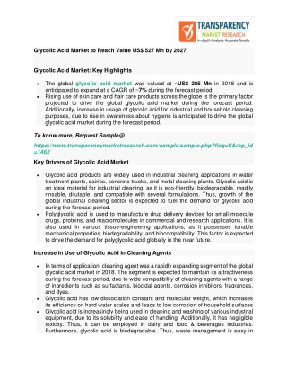 Glycolic Acid Market to Reach Value US$ 527 Mn by 2027