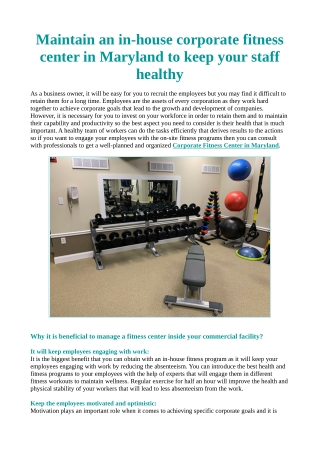 Maintain an in house corporate fitness center in maryland to keep your staff healthy