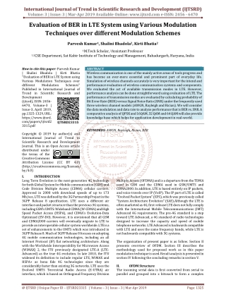 Evaluation of BER in LTE System using Various Modulation Techniques over different Modulation Schemes