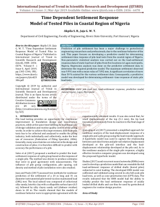 Time Dependent Settlement Response Model of Tested Piles in Coastal Region of Nigeria