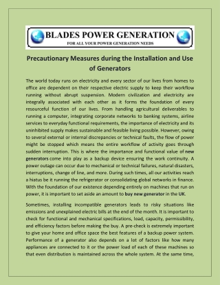 Precautionary Measures during the Installation and Use of Generators