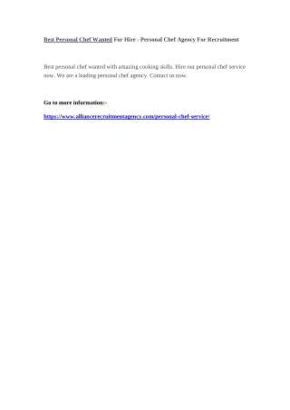 Best Personal Chef Wanted For Hire - Personal Chef Agency For Recruitment