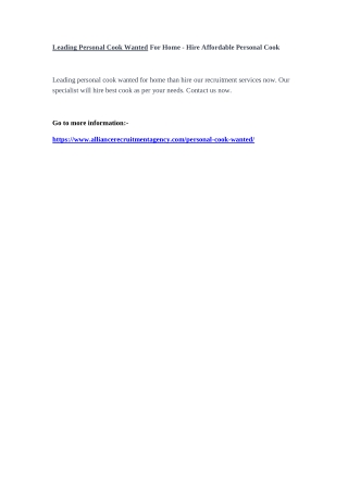 Leading Personal Cook Wanted For Home - Hire Affordable Personal Cook