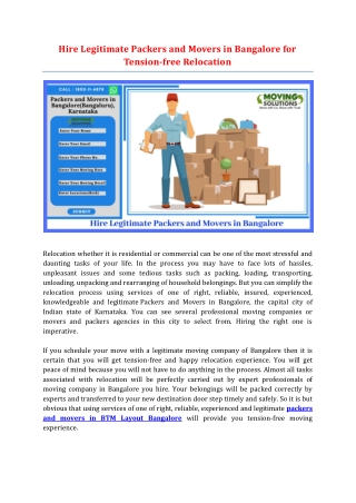 Hire Legitimate Packers and Movers in Bangalore for Tension-free Relocation
