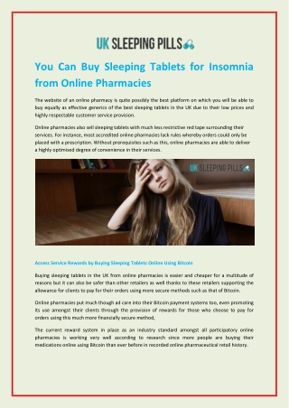 You Can Buy Sleeping Tablets for Insomnia from Online Pharmacies