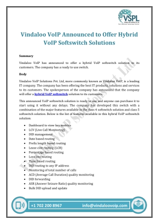 Vindaloo VoIP Announced to Offer Hybrid VoIP Softswitch Solutions