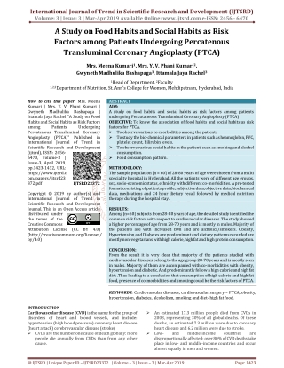 A Study on Food Habits and Social Habits as Risk Factors among Patients Undergoing Percatenous Transluminal Coronary Ang