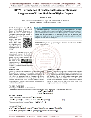 RP 75 Formulation of two Special Classes of Standard Congruence of Prime Modulus of Higher Degree