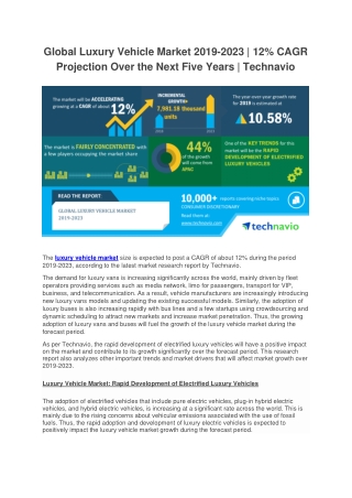 Global Luxury Vehicle Market 2019-2023 | 12% CAGR Projection Over the Next Five Years | Technavio