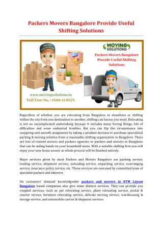 Packers Movers Bangalore Provide Useful Shifting Solutions
