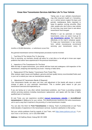 Know How Transmission Services Add New Life To Your Vehicle