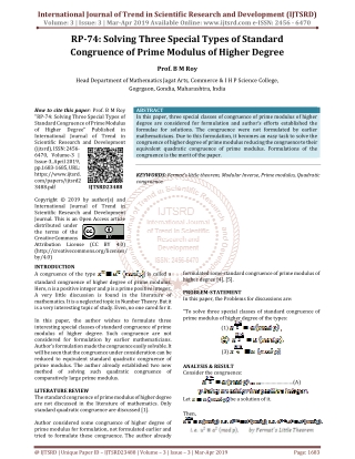 RP 74 Solving Three Special Types of Standard Congruence of Prime Modulus of Higher Degree