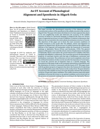 An OT Account of Phonological Alignment and Epenthesis in Aligarh Urdu