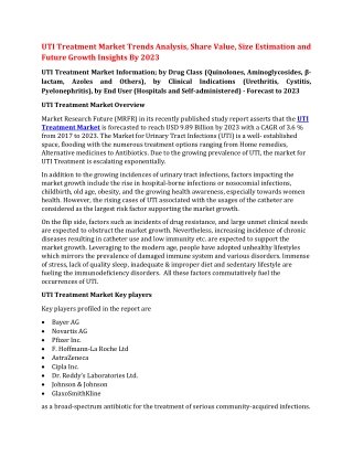 UTI Treatment Market Trends Analysis, Share Value, Size Estimation and Future Growth Insights By 2023