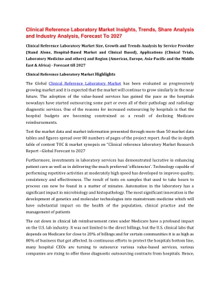 Clinical Reference Laboratory Market Insights, Trends, Share Analysis and Industry Analysis, Forecast To 2027