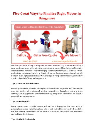 Five Great Ways to Finalize Right Mover in Bangalore
