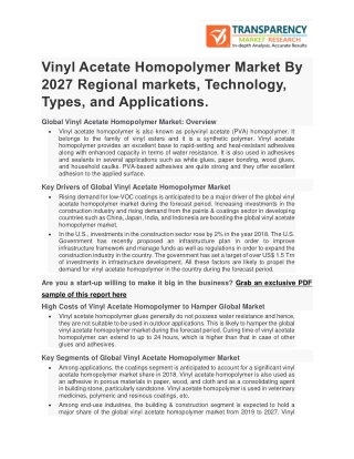 Vinyl Acetate Homopolymer Market By 2027 Regional markets, Technology, Types, and Applications.