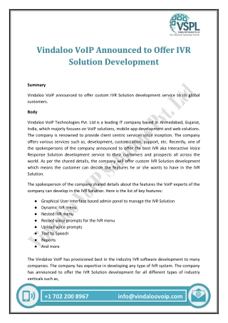 Vindaloo VoIP Announced to Offer IVR Solution Development