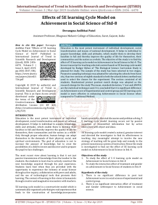 Effects of 5E learning Cycle Model on Achievement in Social Science of Std 8