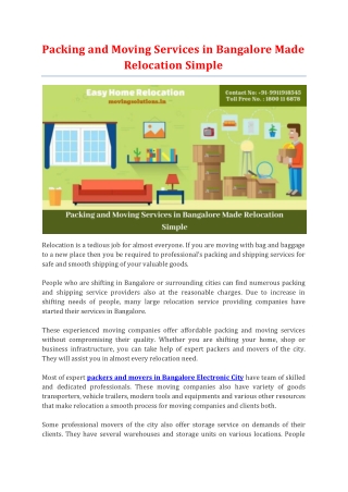 Packing and Moving Services in Bangalore Made Relocation Simple