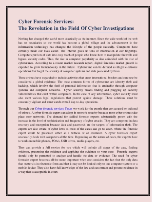 Cyber Forensic Services:  The Revolution in the Field Of Cyber Investigations