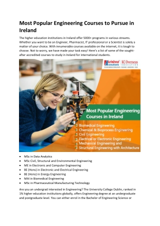 Most Popular Engineering Courses to Pursue in Ireland