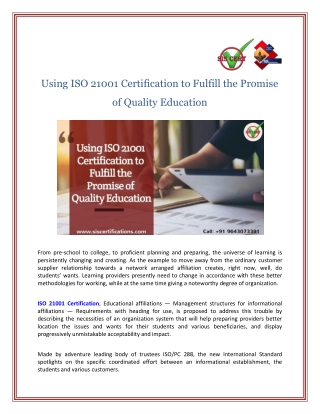Using ISO 21001 Certification to Fulfill the Promise of Quality Education