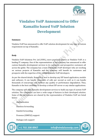 Vindaloo VoIP Announced to Offer Kamailio based VoIP Solution Development