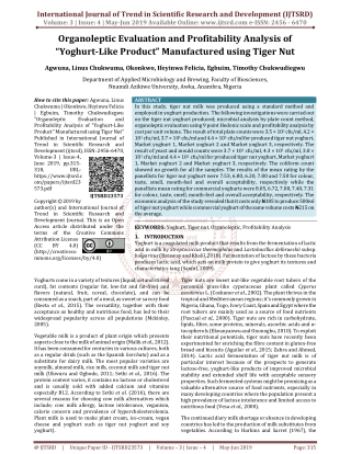 Organoleptic Evaluation and Profitability Analysis of “Yoghurt-Like Product” Manufactured Using Tiger Nut