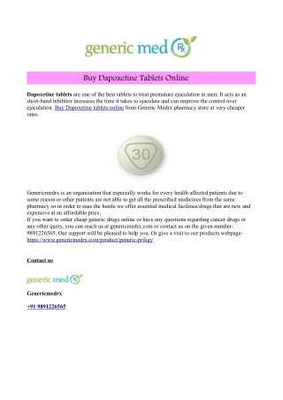 Buy Dapoxetine Tablets Online