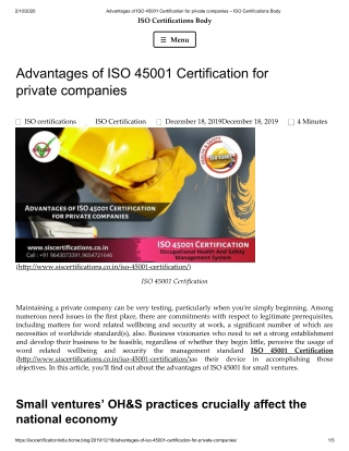 What are Advantages of ISO 45001 Certification for private companies?