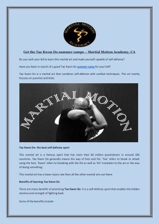 Get the Tae Kwon Do summer camps – Martial Motion Academy, CA