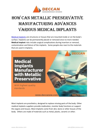 How can Metallic Preservative Manufacturing Advances Various Medical Implants