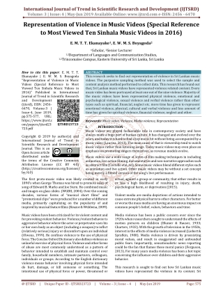 Representation of Violence in Music Videos (Special Reference to Most Viewed Ten Sinhala Music Videos in 2016)