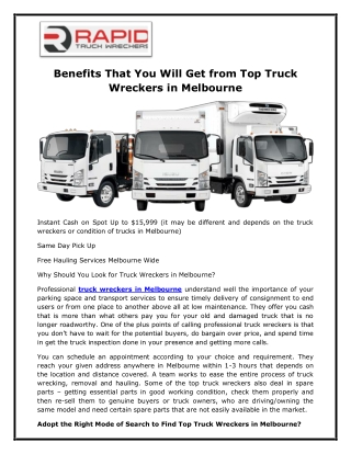 Benefits That You Will Get from Top Truck Wreckers in Melbourne