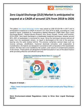 Zero Liquid Discharge (ZLD) Market is anticipated to expand at a CAGR of around 12% from 2018 to 2026
