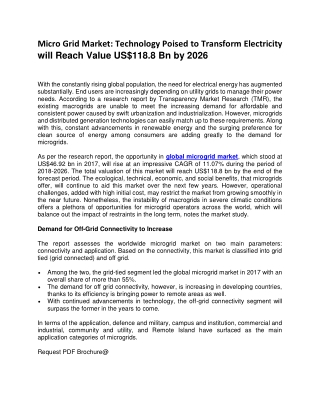 Micro Grid Market: Technology Poised to Transform Electricity will Reach Value US$118.8 Bn by 2026