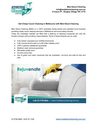Get Cheap Couch Cleaning in Melbourne with Mad About Cleaning