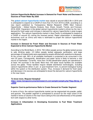 Calcium Hypochlorite Market Increase in Demand for Fresh Water and Decrease in Sources of Fresh Water By 2026