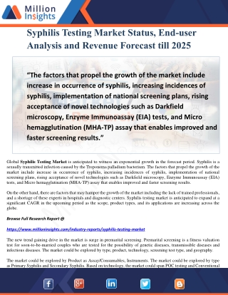 Syphilis Testing Market Status, End-user Analysis and Revenue Forecast till 2025